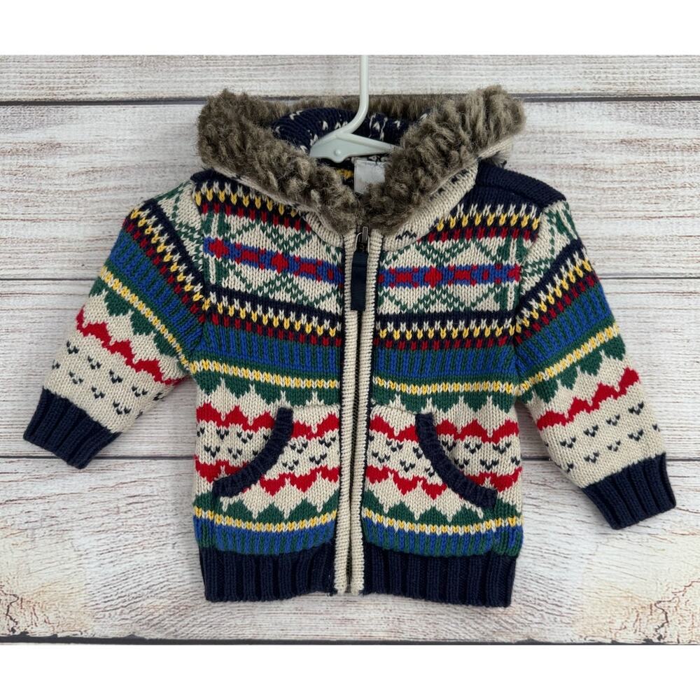Hanna‎ Andersson Fair Isle Print Full Zip Sweater Infant 0-3m Multicolor Hooded